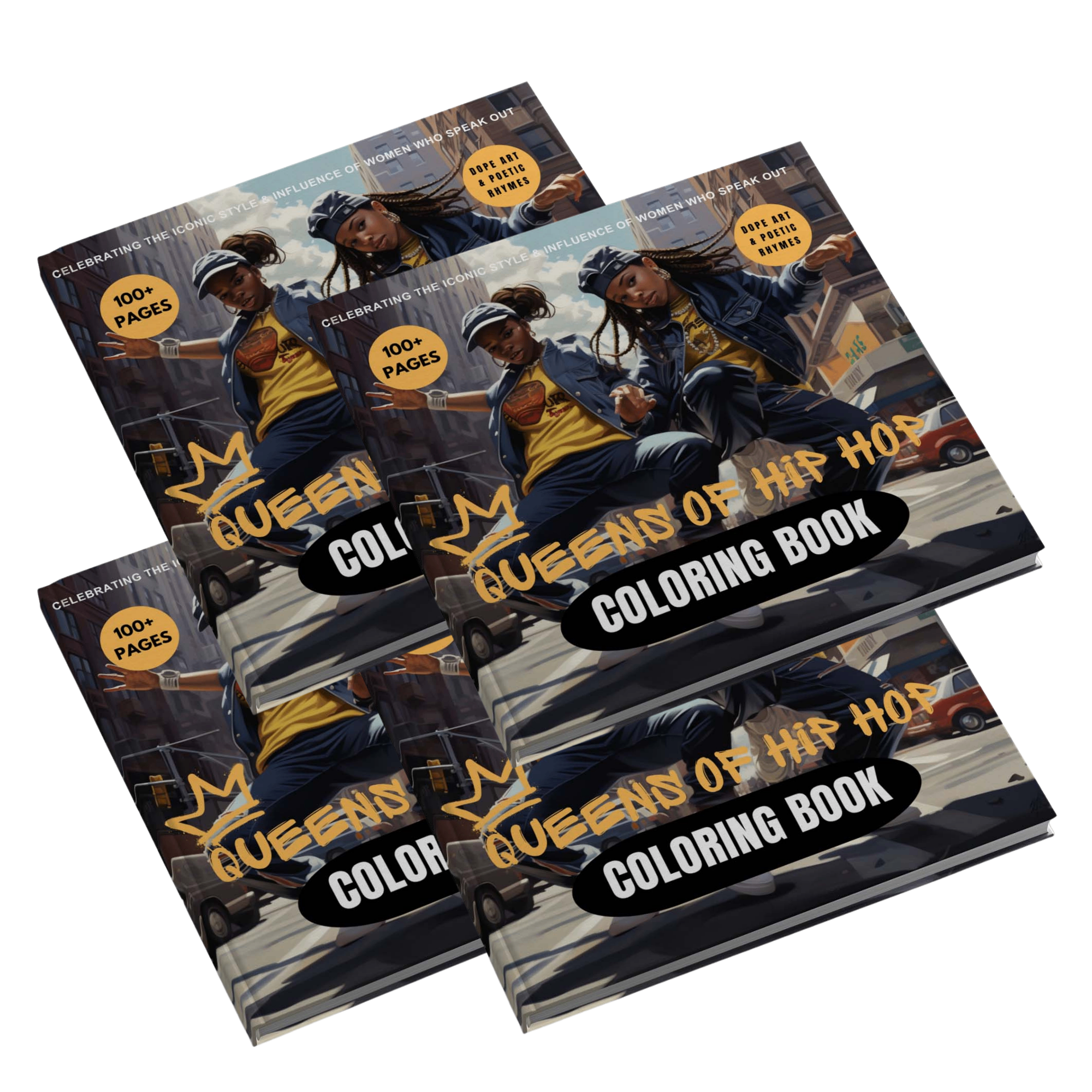 Four Queens of HIP HOP coloring books stacked together — the Friends & Family Bundle