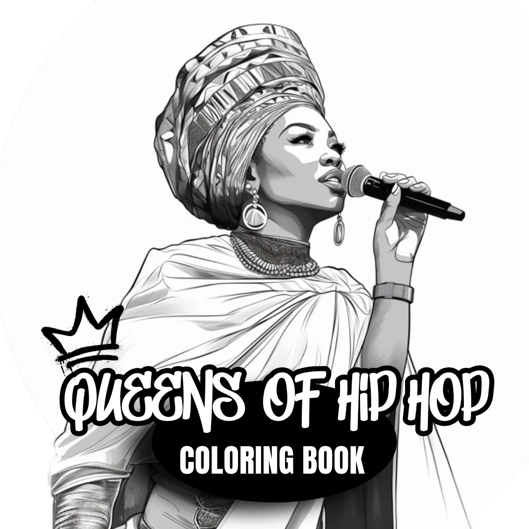 Queens of HIP HOP coloring book illustration - headwrap singer with microphone