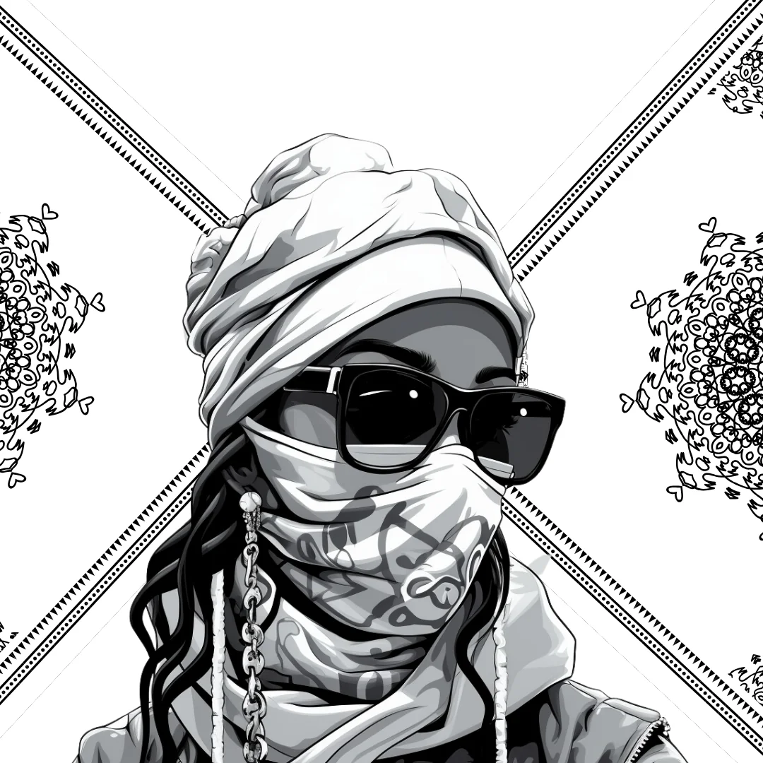 HIP HOP queen coloring page illustration - masked woman with turban sunglasses and chain necklace streetwear