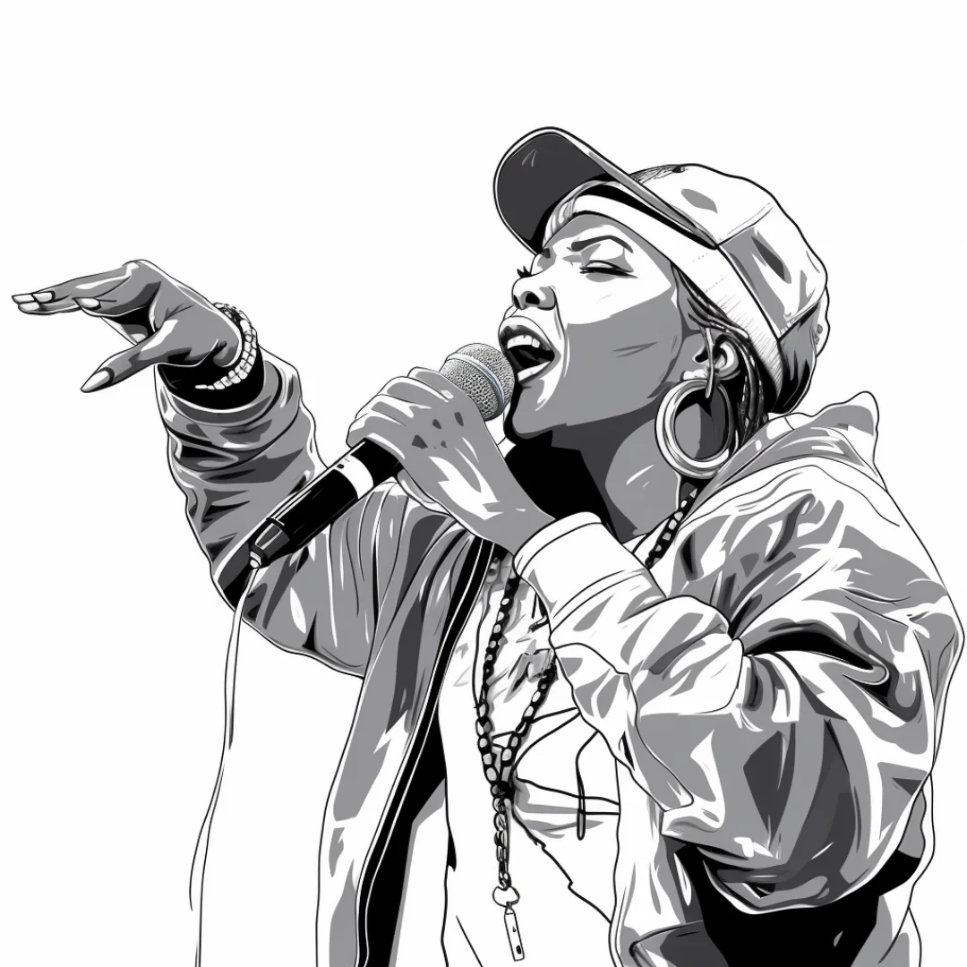 HIP HOP queen coloring page illustration - woman singing into microphone with streetwear style