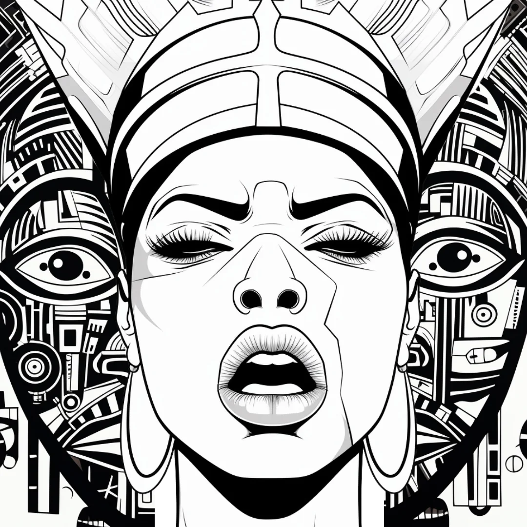 Bold afrofuturist coloring page with geometric patterns and powerful female face