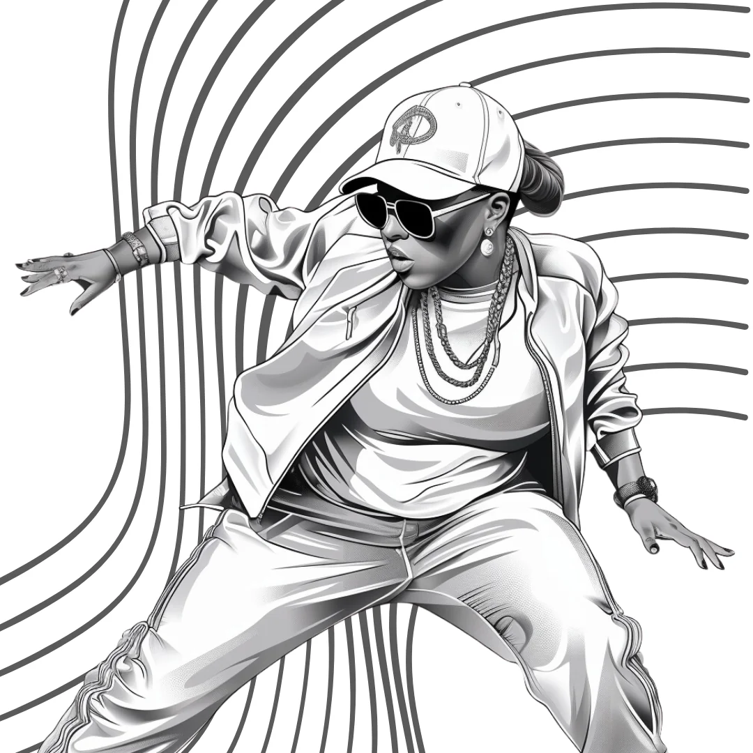 Queens of HIP HOP coloring page - HIP HOP dancer in cap and sunglasses with dynamic pose