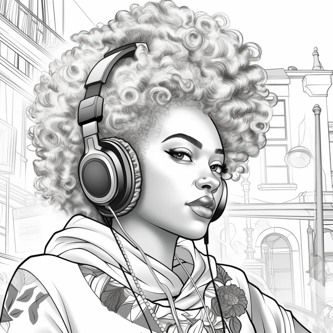 Queens of HIP HOP coloring page - woman with afro and headphones in urban setting