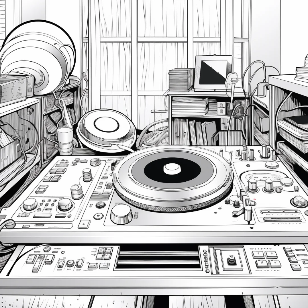 Queens of HIP HOP coloring page - DJ turntable setup in a music room