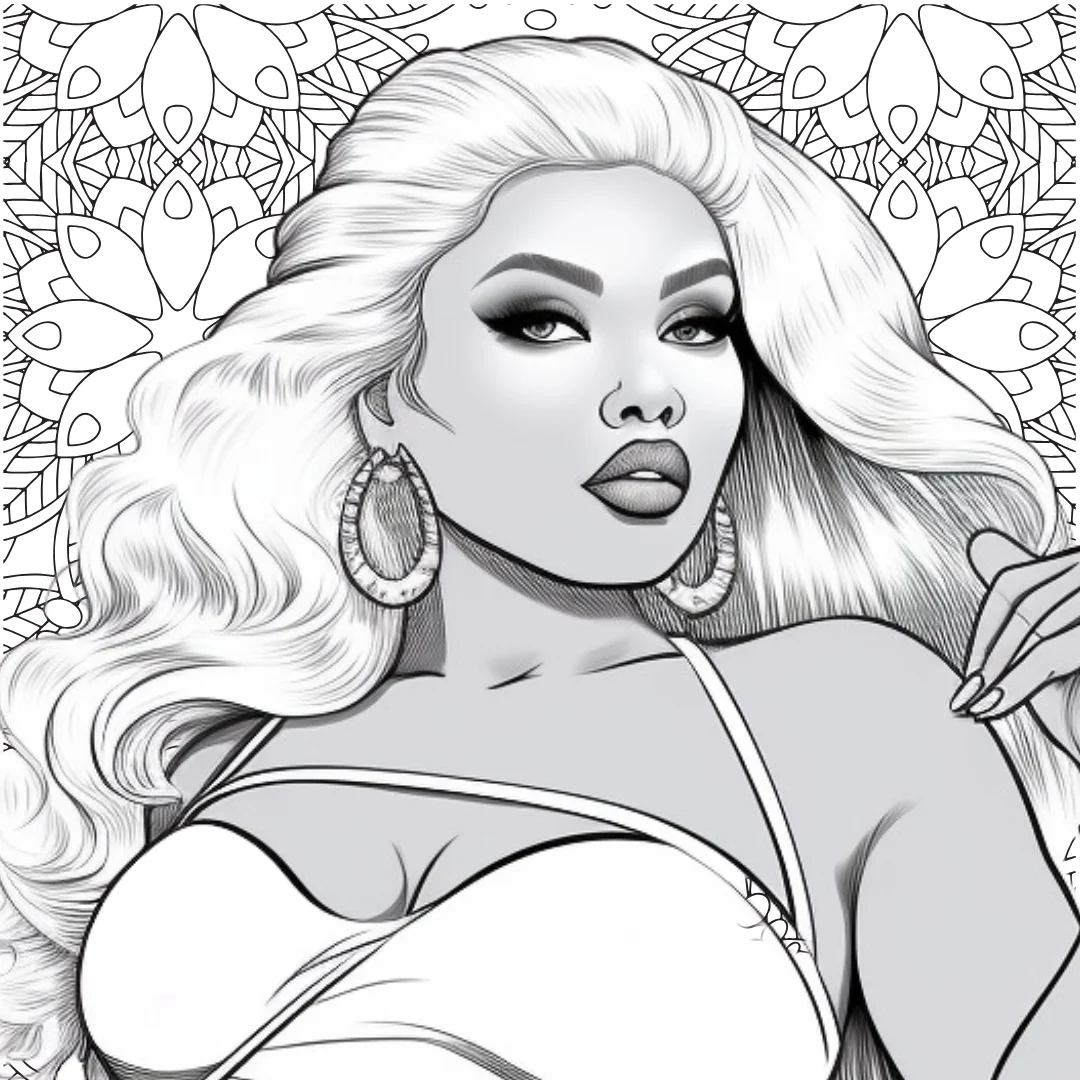 Queens of HIP HOP coloring page - glamorous queen with long hair and mandala background