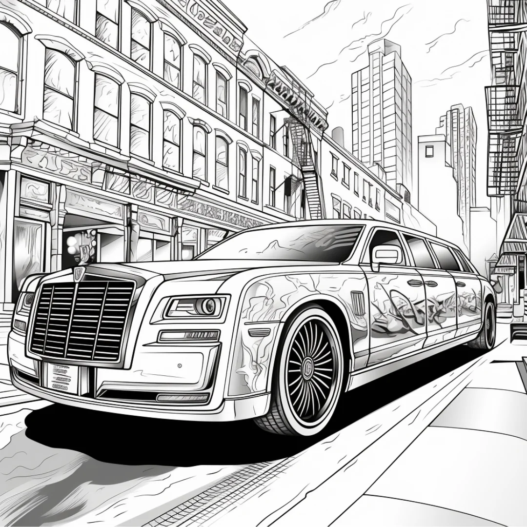 Queens of HIP HOP coloring page - luxury graffiti limousine on a city street