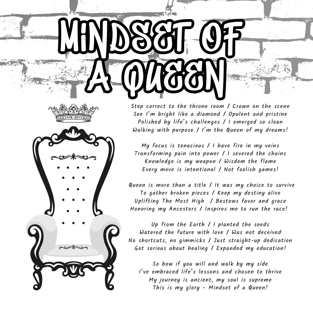Mindset of a Queen poem page with throne chair illustration