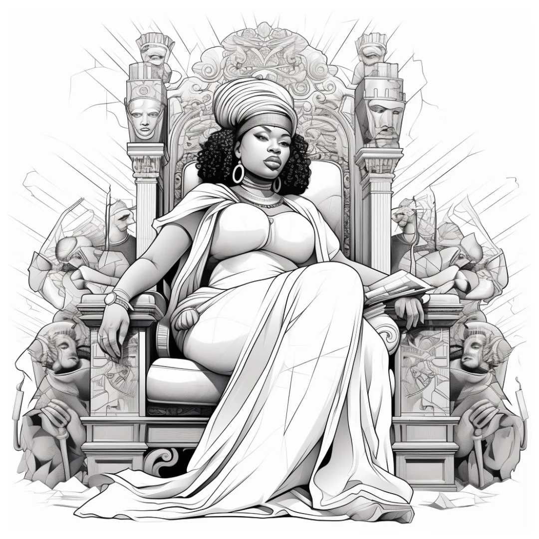 Coloring page of a regal queen seated on an ornate throne