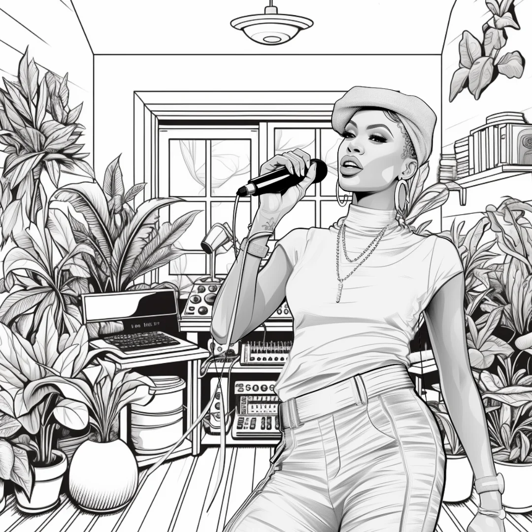 Queens of HIP HOP coloring page - female vocalist with mic in plant-filled studio